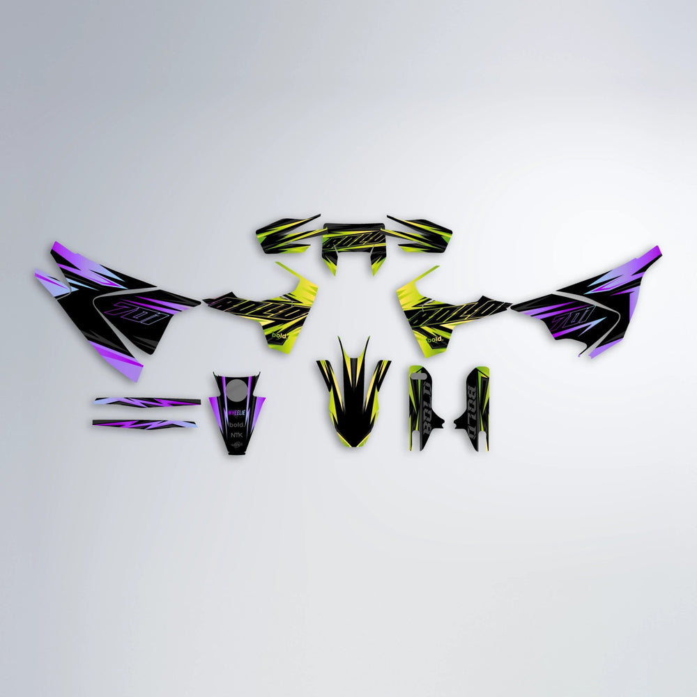 THUNDERSTRUCK Husqvarna 701 graphics kit parts layout in Purple & Yellow