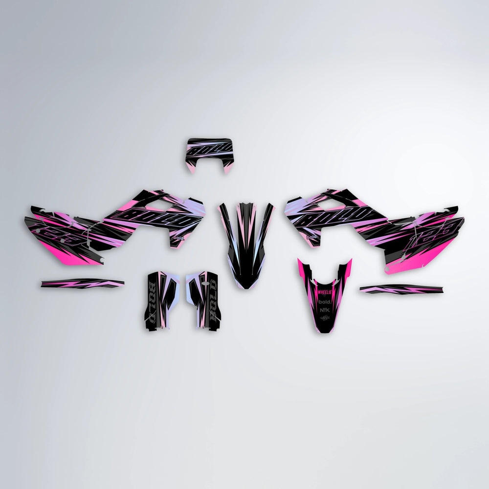 THUNDERSTRUCK Husqvarna FE/TE graphics kit parts layout in Flamingo