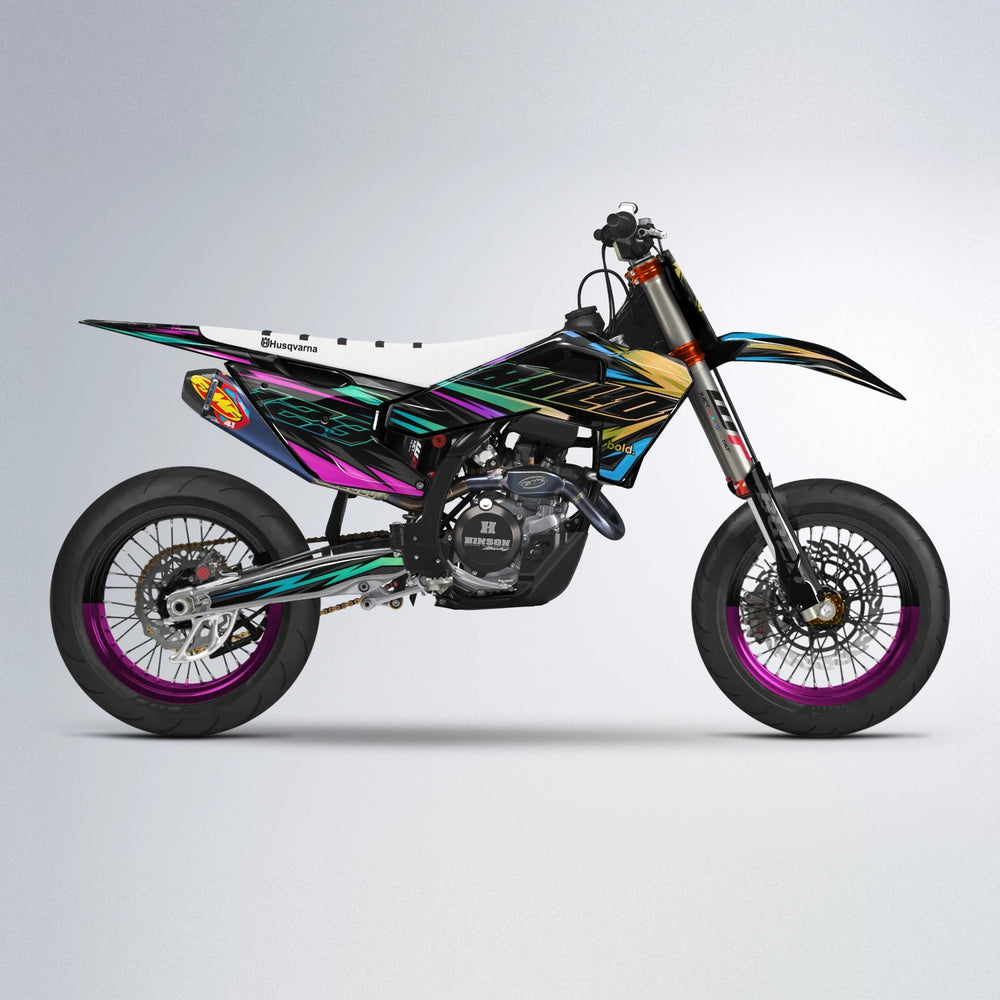 THUNDERSTRUCK Husqvarna FE/TE supermoto graphics kit in Pink & Light Blue
