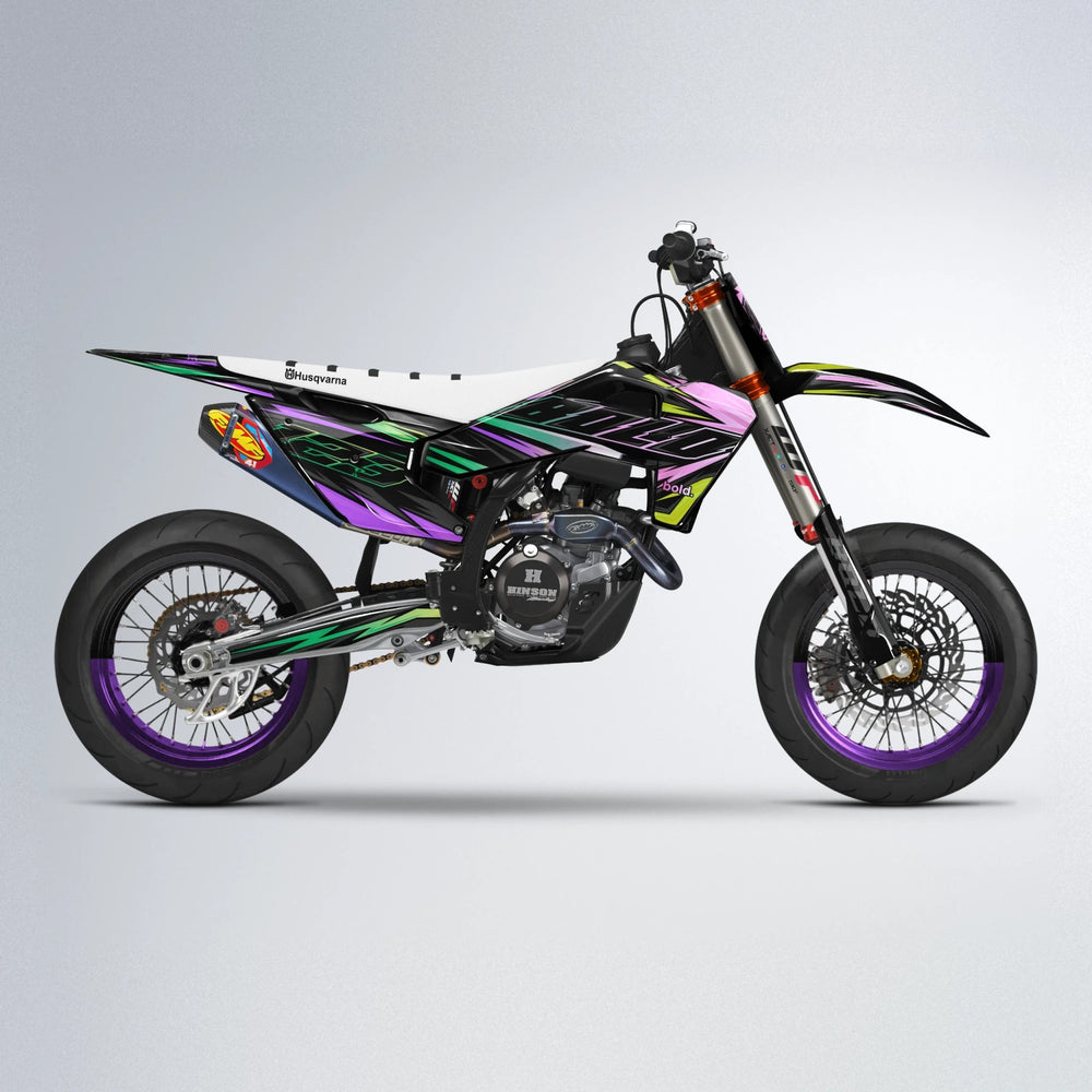 THUNDERSTRUCK Husqvarna FE/TE supermoto graphics kit in Purple & Yellow