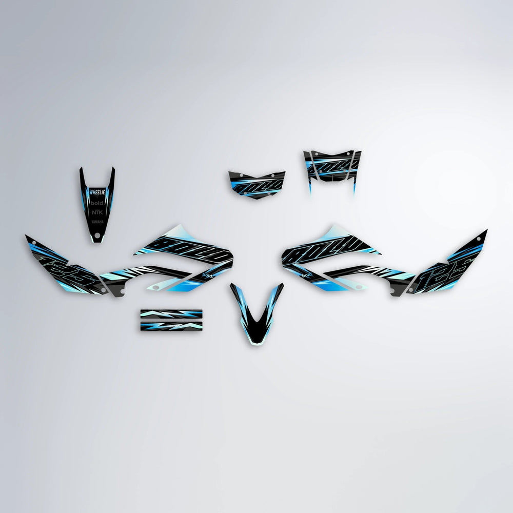 THUNDERSTRUCK Yamaha WR 125X graphics kit parts layout in Light Blue & White