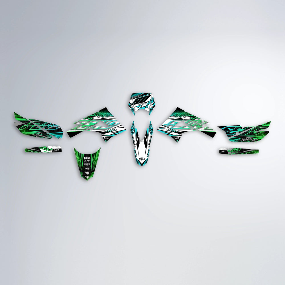 TIDAL Derbi Senda graphics kit parts layout in Cyan & Green