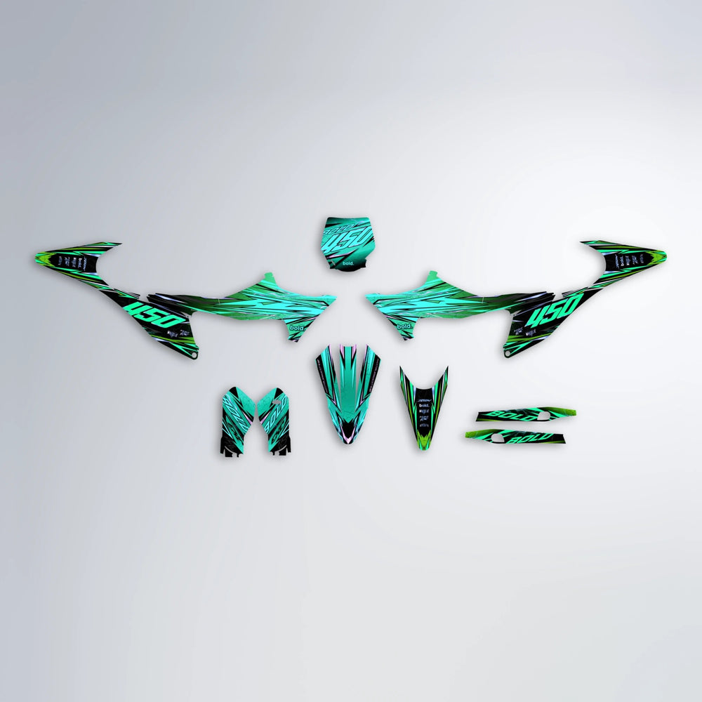 TOTH Stark Varg MX graphics kit parts layout in Cyan & Green