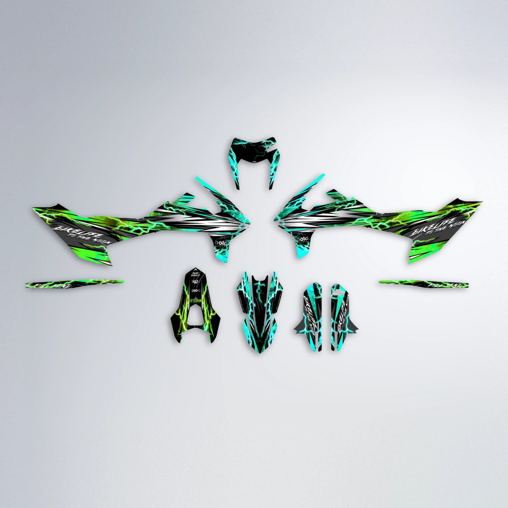 TRINITY KTM SMC 690 graphics kit parts layout in Cyan & Green