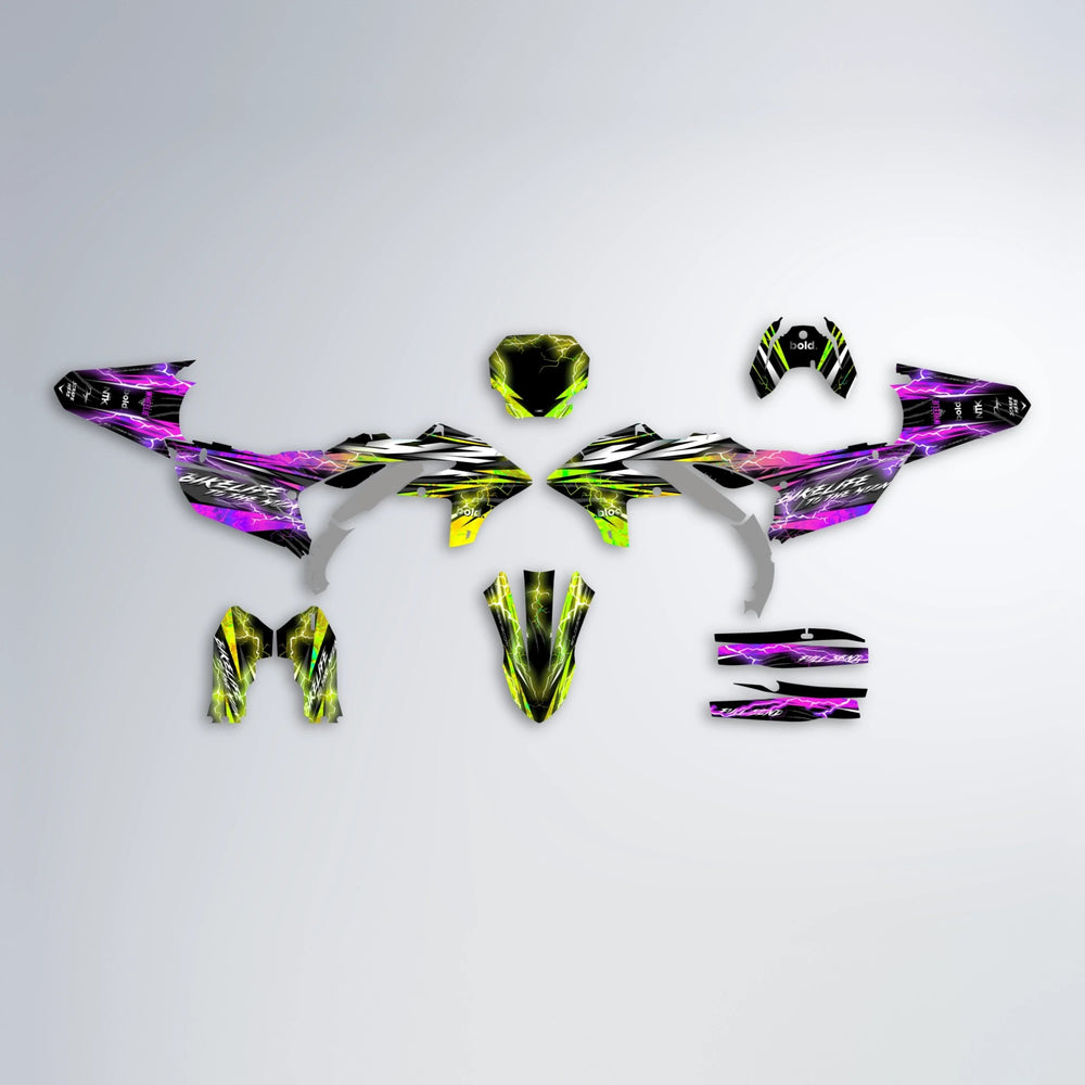 TRINITY Yamaha YZF MX graphics kit parts layout in Purple & Yellow