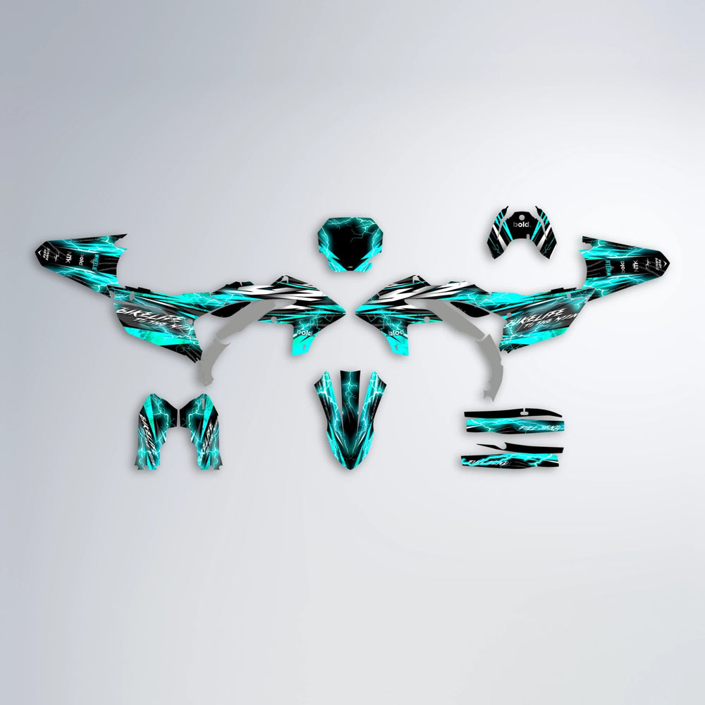 TRINITY Yamaha YZF MX graphics kit parts layout in Teal