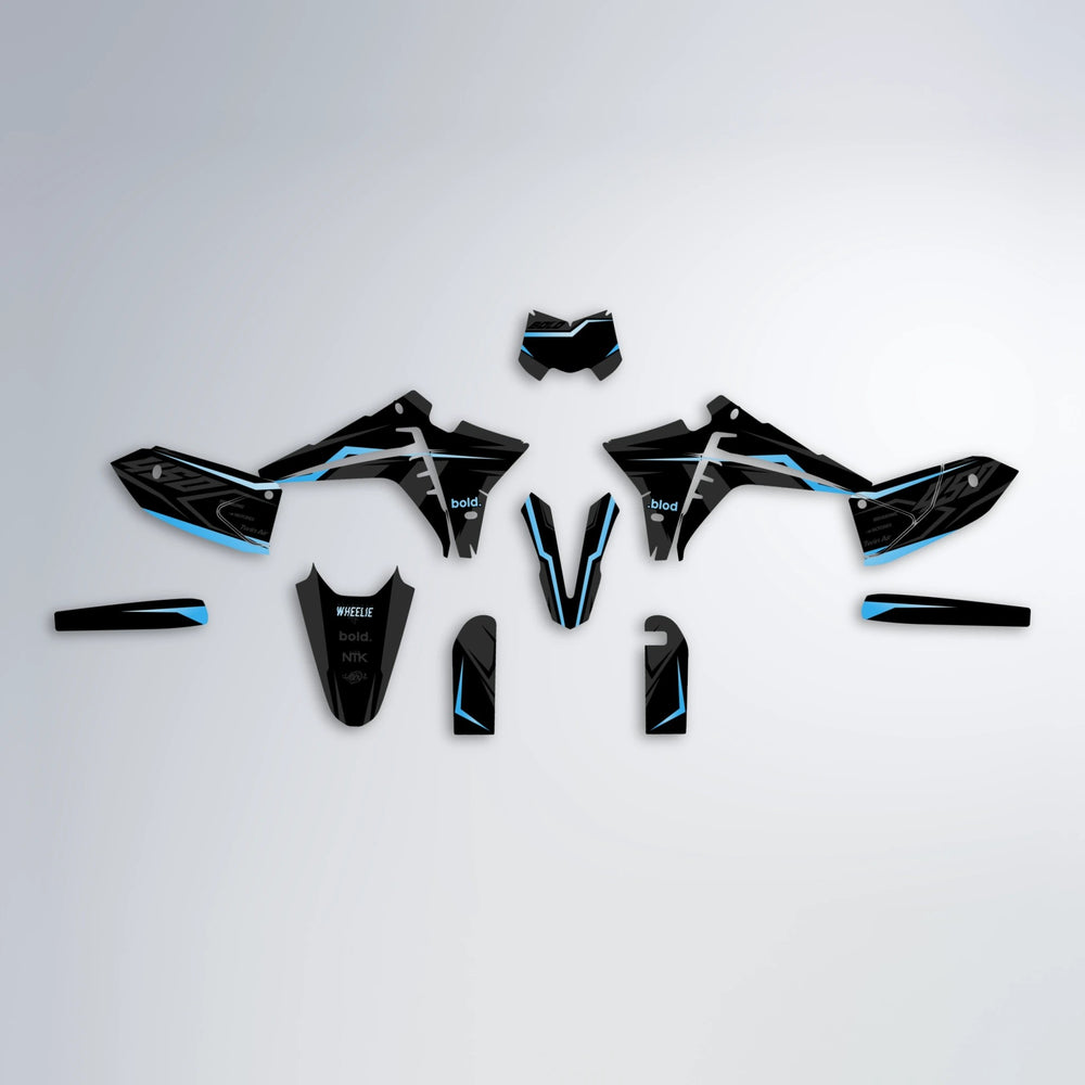 TRONIC Fantic graphics kit parts layout in Light Blue & White