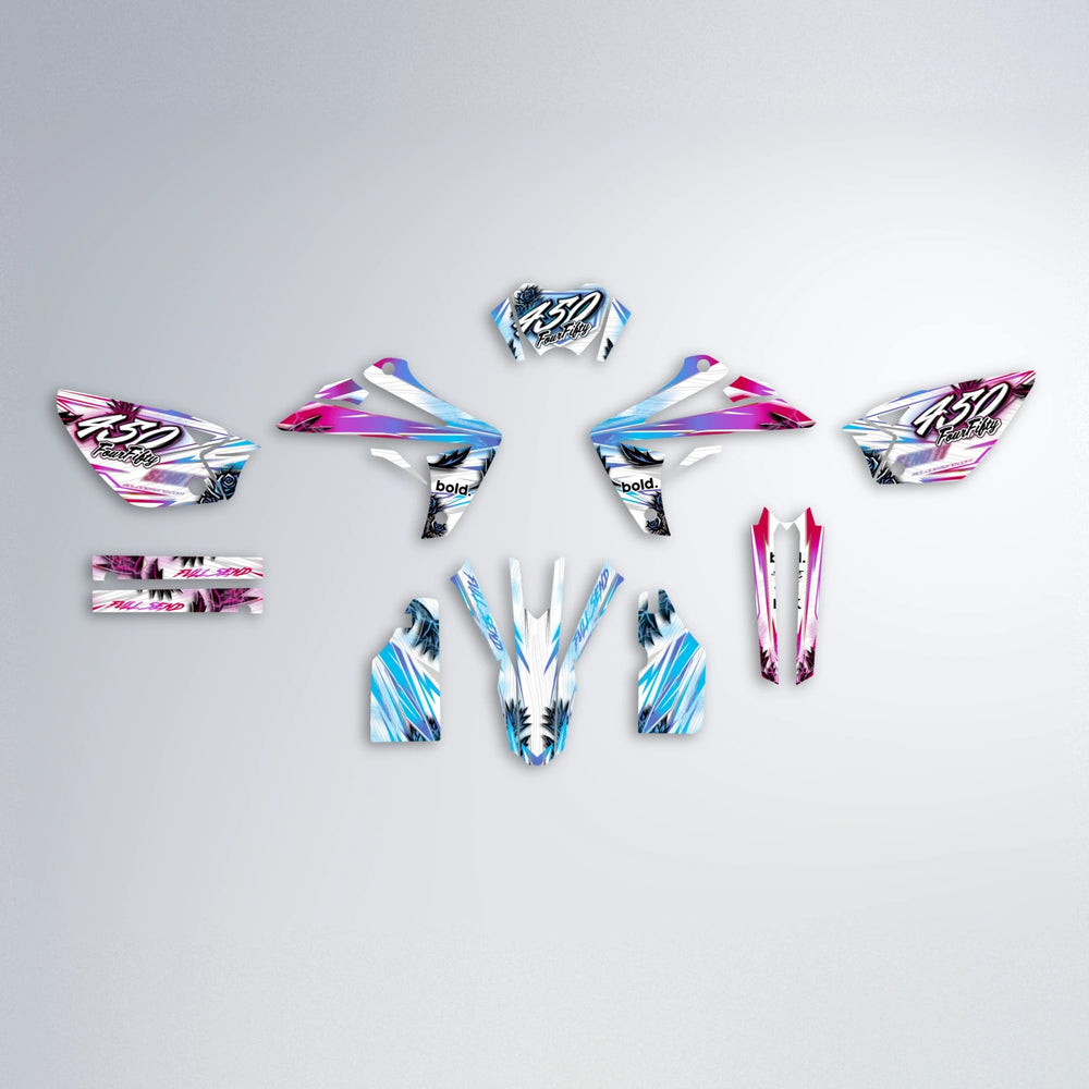 TROPIC Rieju MRT graphics kit parts layout in Pink & Light Blue