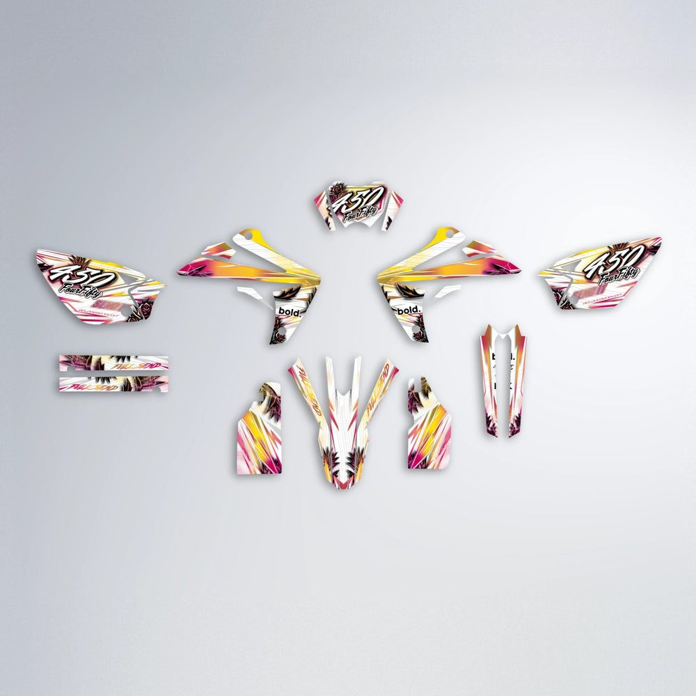TROPIC Rieju MRT graphics kit parts layout in Pink & Yellow