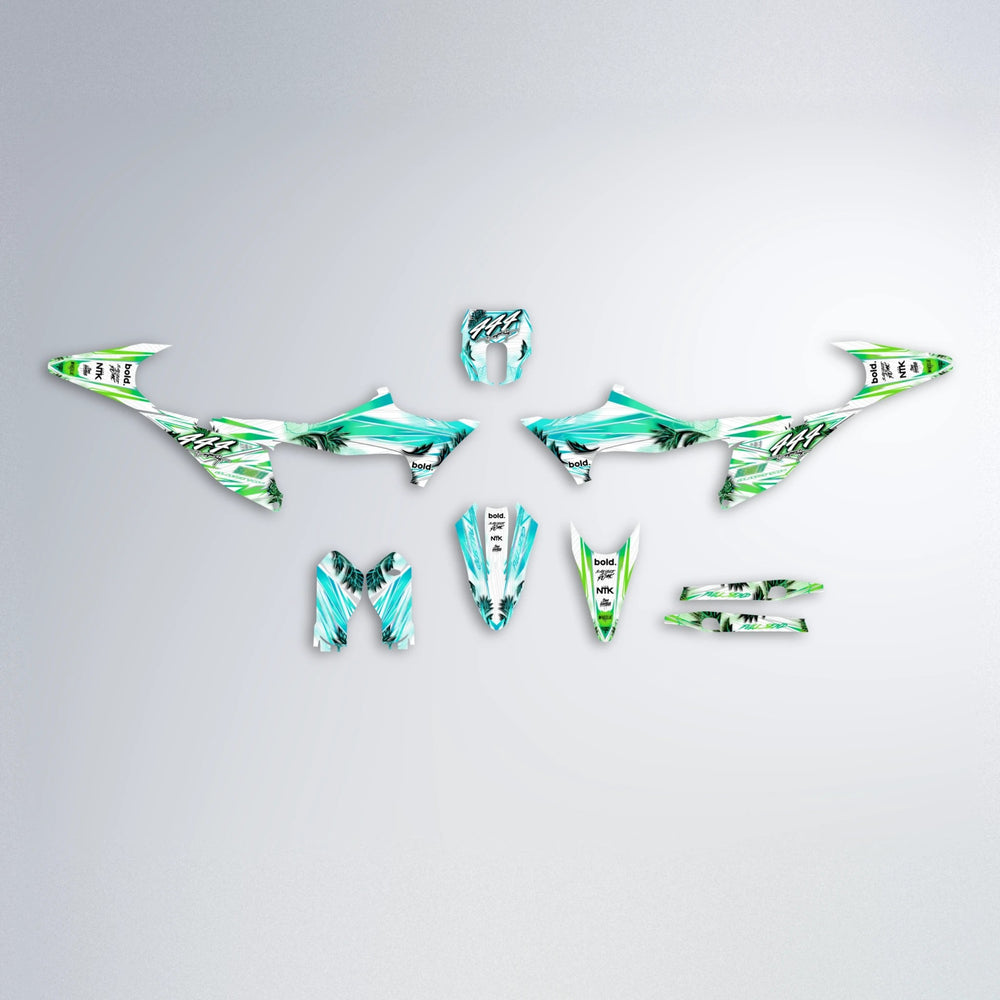 TROPIC Stark Varg MX graphics kit parts layout in Cyan & Green