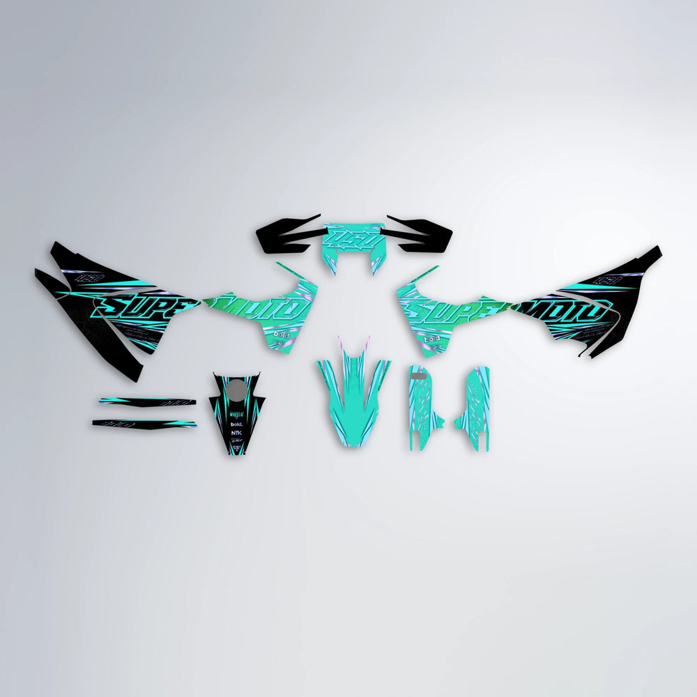 VELOCITY Husqvarna 701 graphics kit parts layout in Cyan & Green