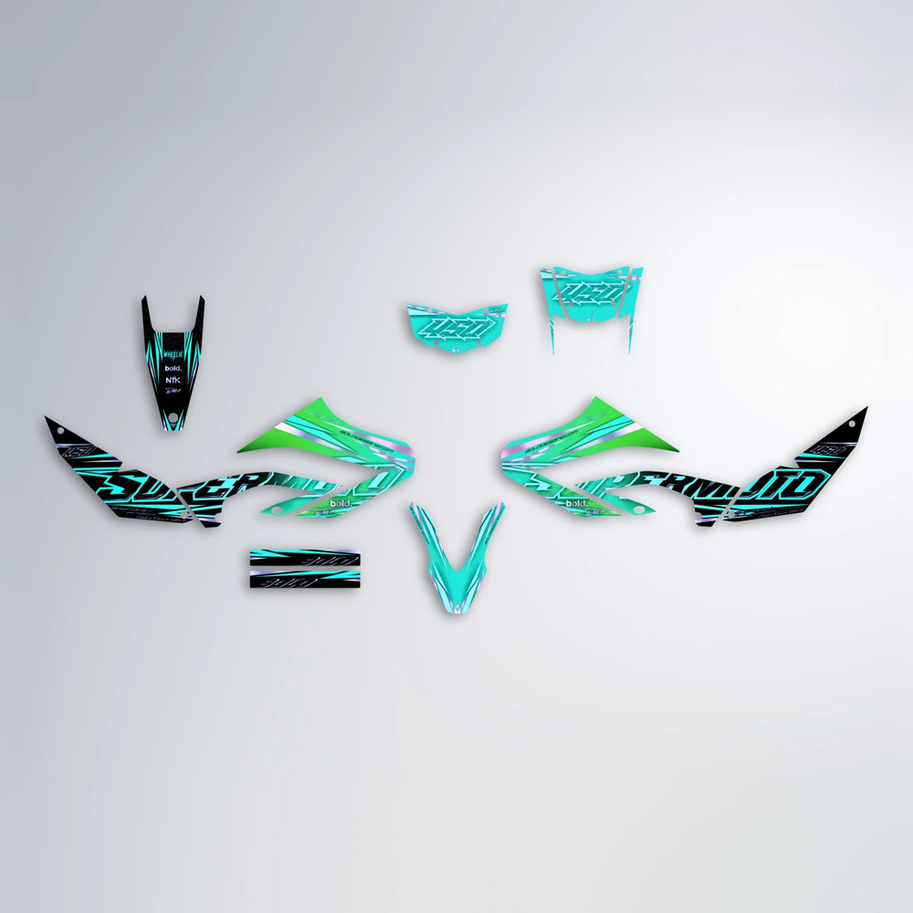 VELOCITY Yamaha WR 125X graphics kit parts layout in Cyan & Green
