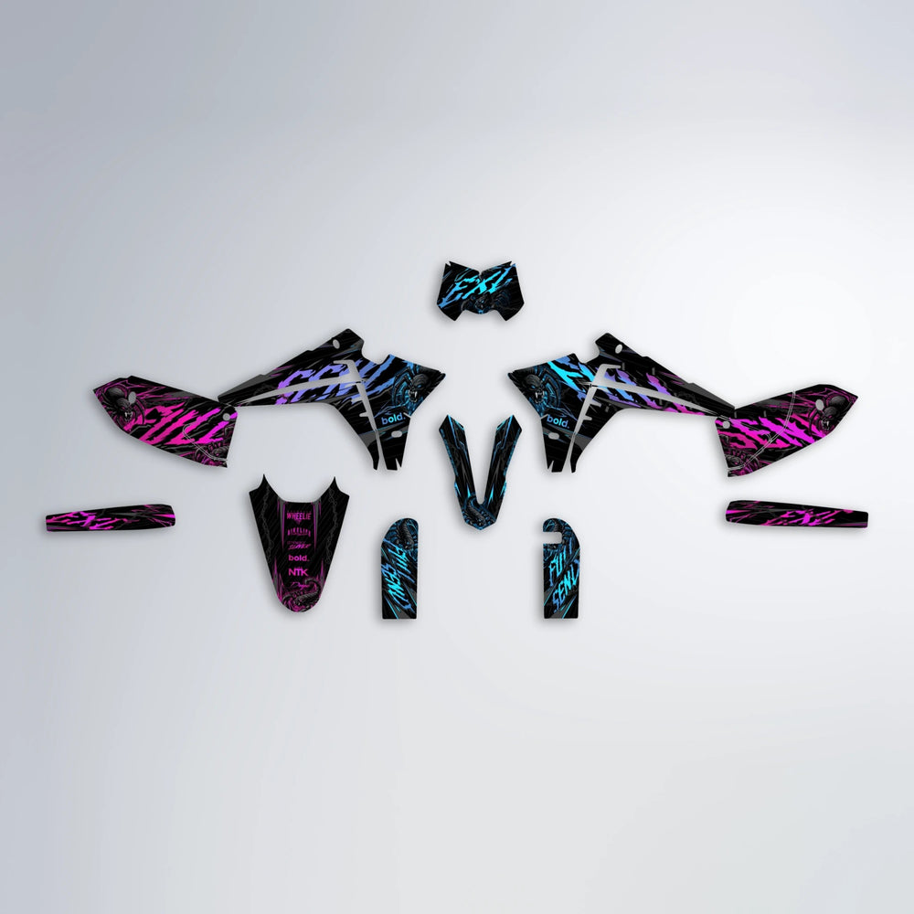 VENOM Fantic graphics kit parts layout in Pink & Light Blue