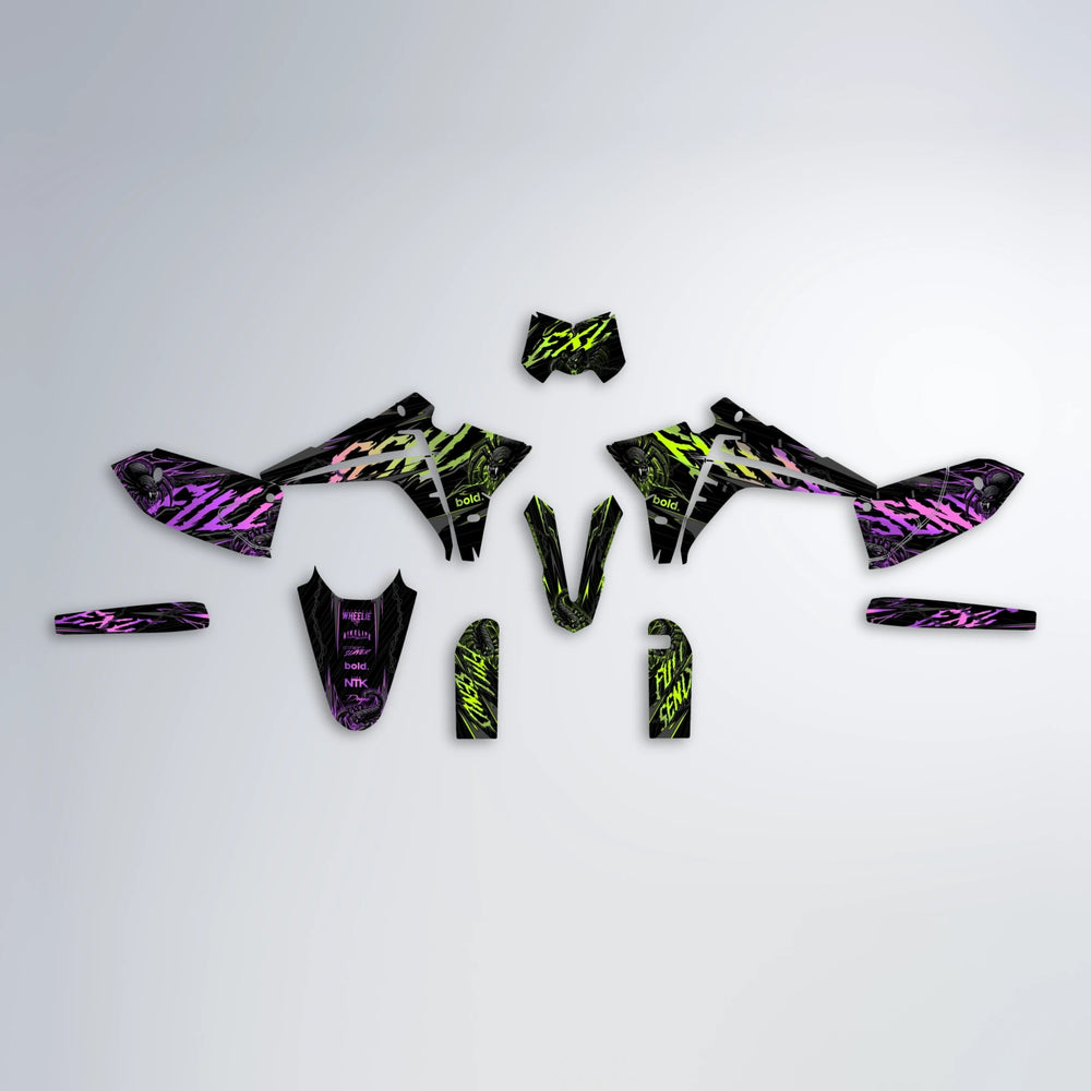 VENOM Fantic graphics kit parts layout in Purple & Yellow