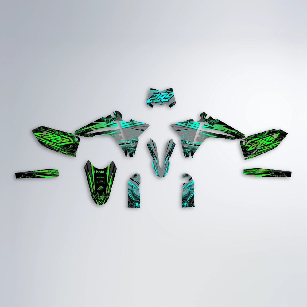 VIPER Fantic graphics kit parts layout in Cyan & Green