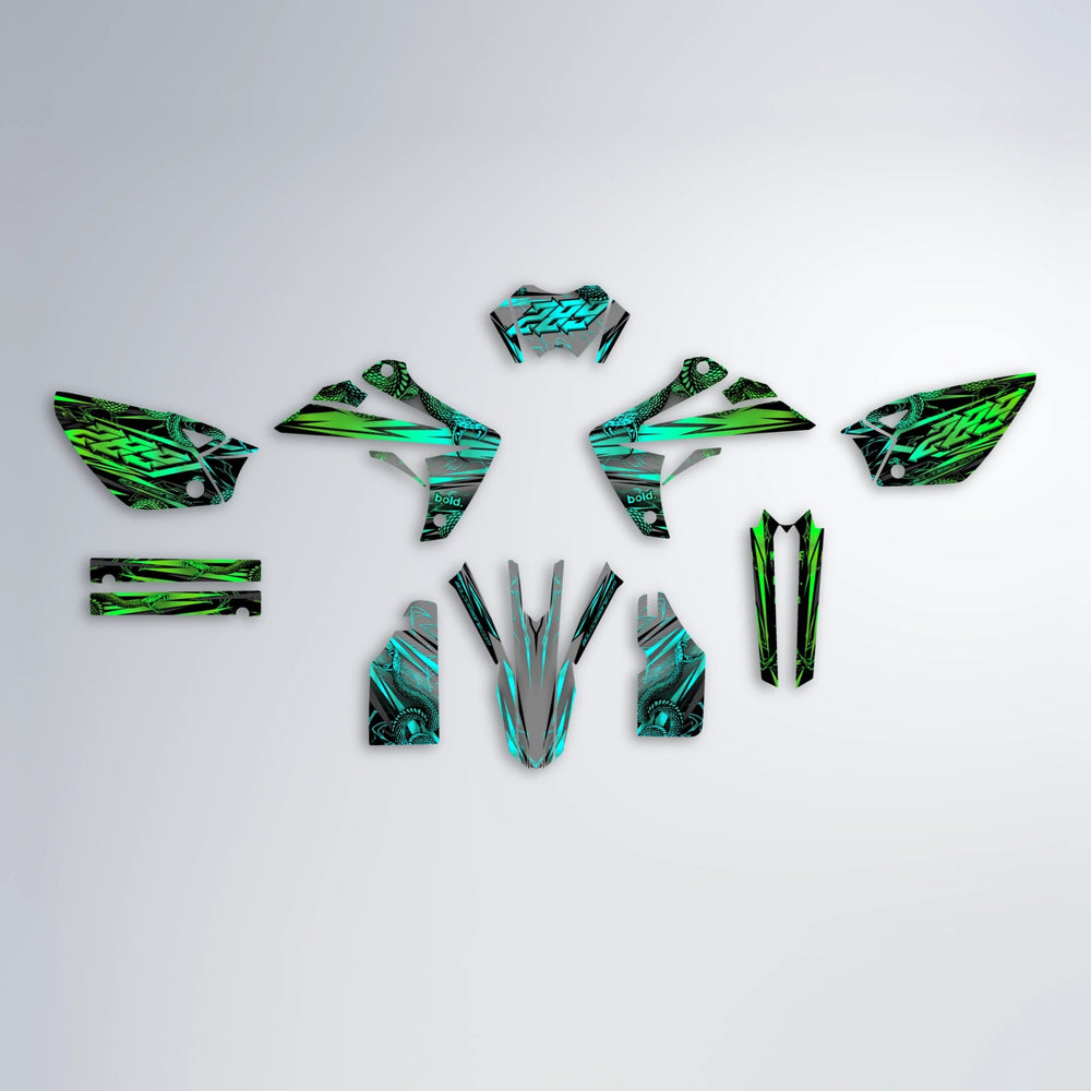 VIPER Rieju MRT graphics kit parts layout in Cyan & Green