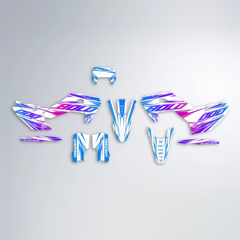 VITALY Husqvarna FE/TE graphics kit parts layout in Blue Purple Fade