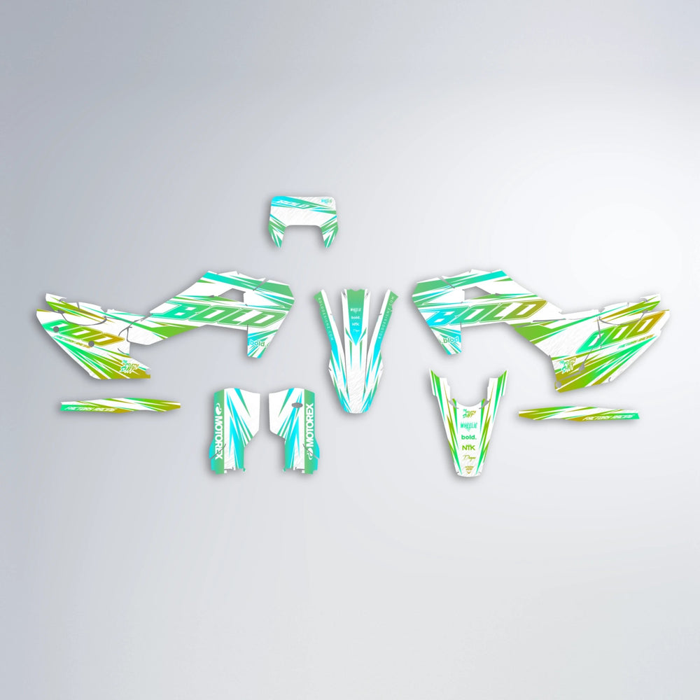 VITALY Husqvarna FE/TE graphics kit parts layout in Cyan & Green
