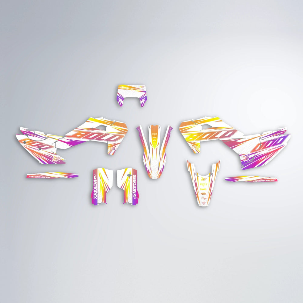 VITALY Husqvarna FE/TE graphics kit parts layout in Pink & Yellow