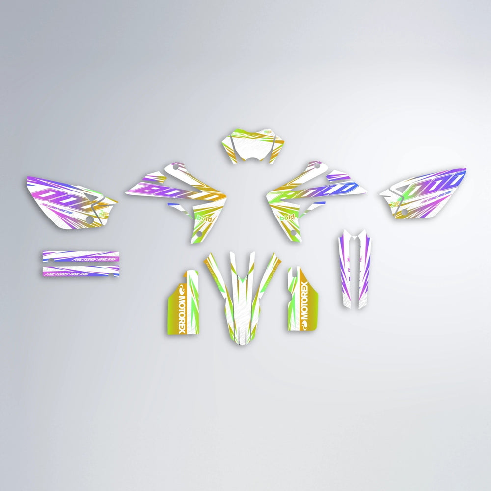 VITALY Rieju MRT graphics kit parts layout in Purple & Yellow