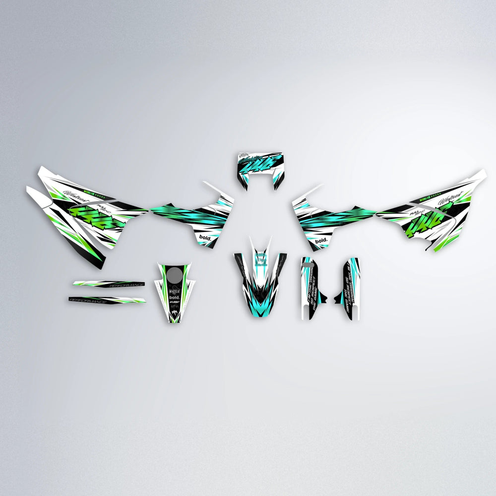 WESTCOAST Husqvarna 701 graphics kit parts layout in Cyan & Green
