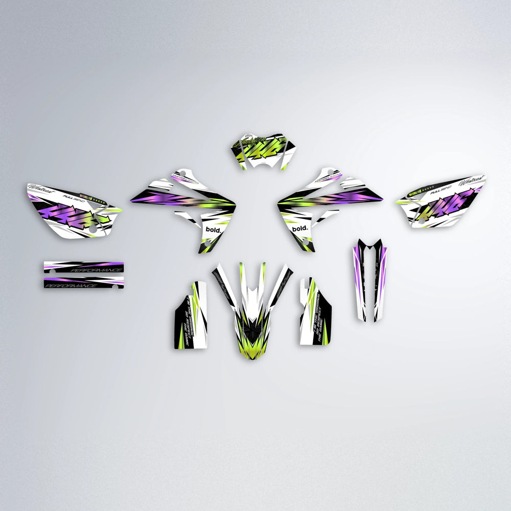 WESTCOAST Rieju MRT graphics kit parts layout in Purple & Yellow