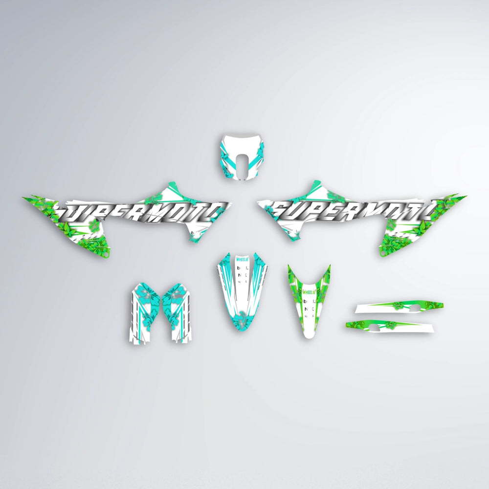 WNICOO Stark Varg MX graphics kit parts layout in Cyan & Green