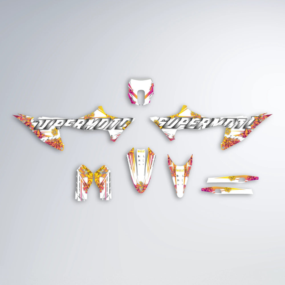 WNICOO Stark Varg MX graphics kit parts layout in Pink & Yellow