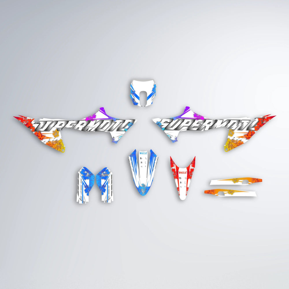WNICOO Stark Varg MX graphics kit parts layout in Sunset Fade