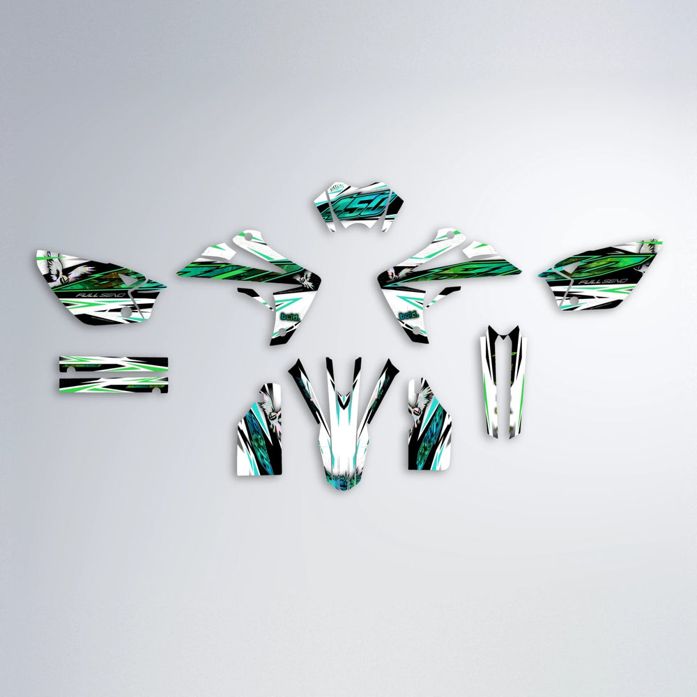 ZAPP Rieju MRT graphics kit parts layout in Cyan & Green