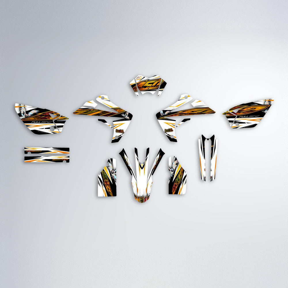 ZAPP Rieju MRT graphics kit parts layout in Orange & Yellow