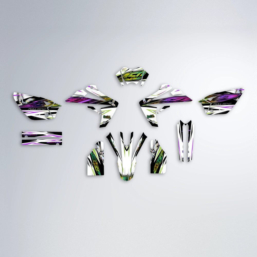 ZAPP Rieju MRT graphics kit parts layout in Purple & Yellow