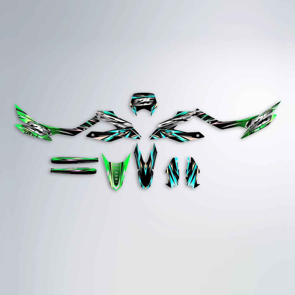 ADVANCE Aprilia SX 125 graphics kit parts layout in Cyan & Green