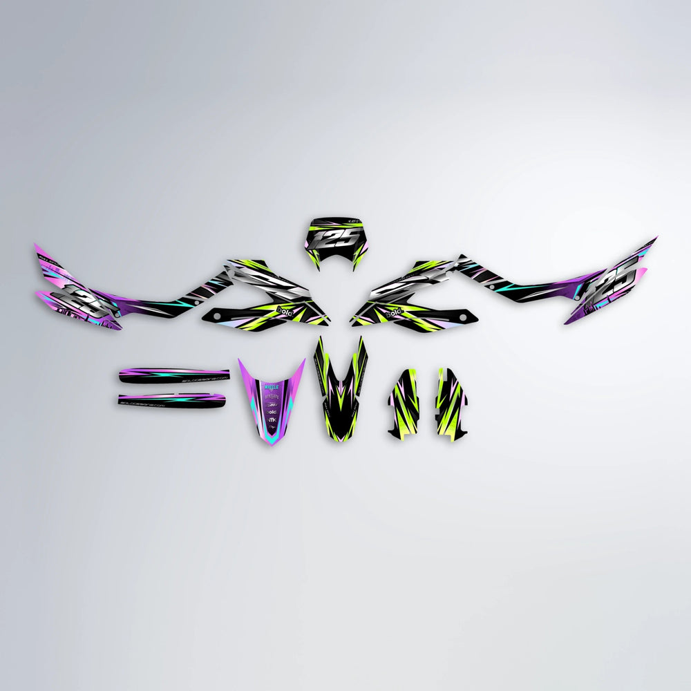 ADVANCE Aprilia SX 125 graphics kit parts layout in Purple & Yellow