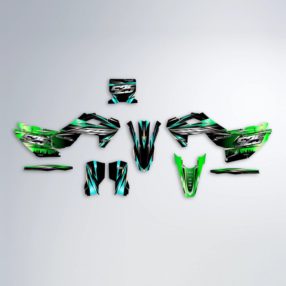 ADVANCE Husqvarna FE/TE graphics kit parts layout in Cyan & Green