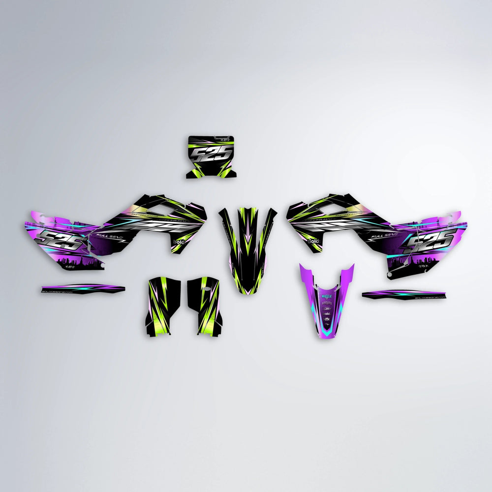 ADVANCE Husqvarna FE/TE graphics kit parts layout in Purple & Yellow