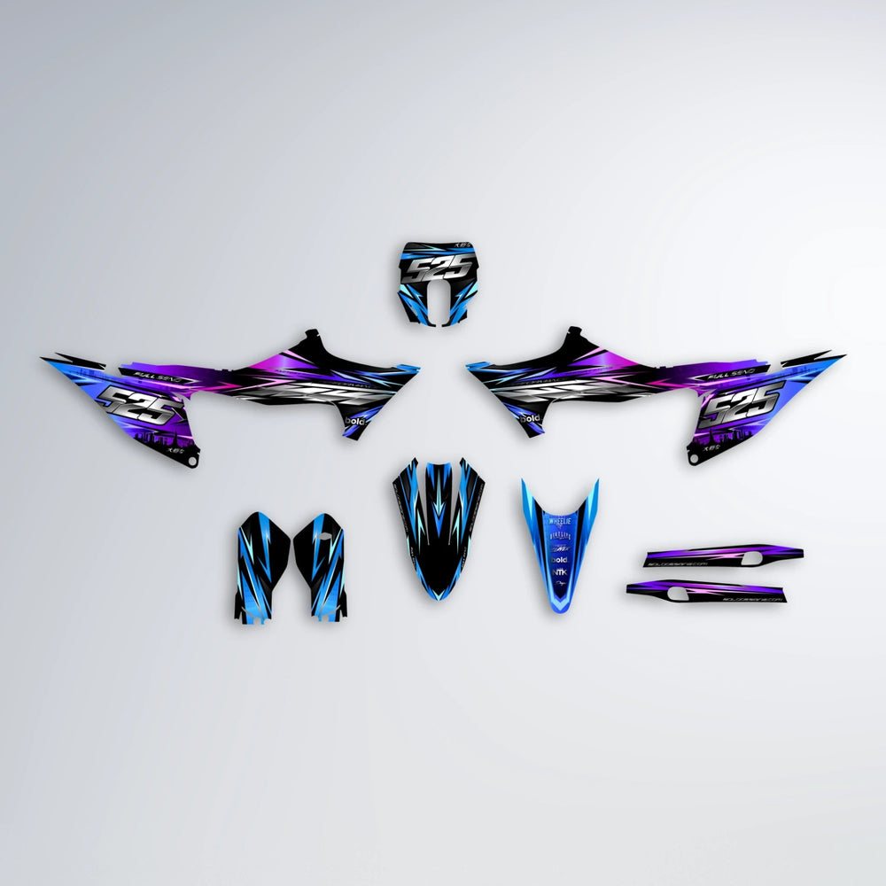 ADVANCE Stark Varg MX graphics kit parts layout in Blue Purple Fade