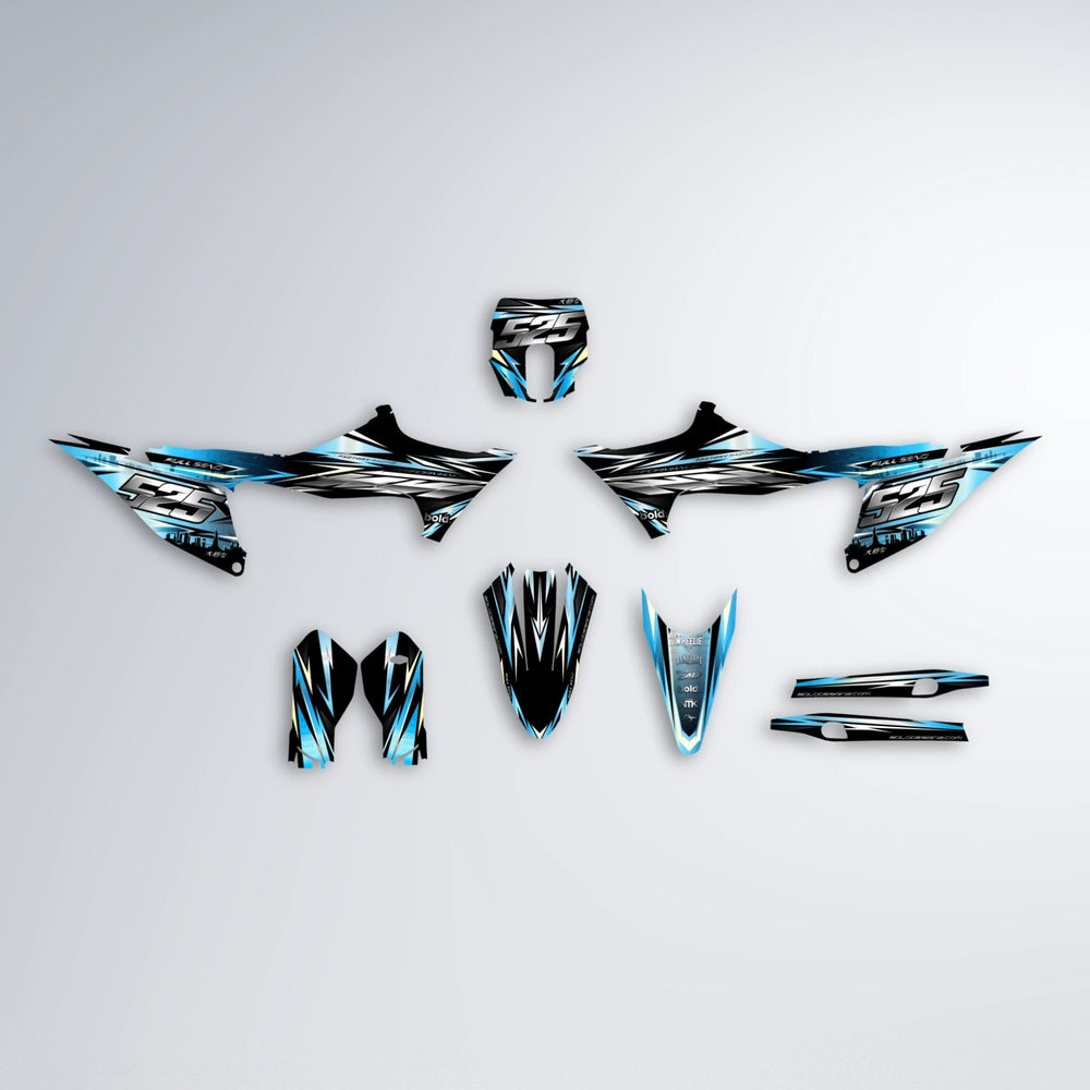 ADVANCE Stark Varg MX graphics kit parts layout in Light Blue & White