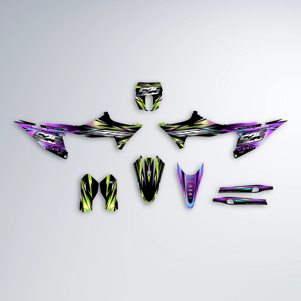 ADVANCE Stark Varg MX graphics kit parts layout in Purple & Yellow