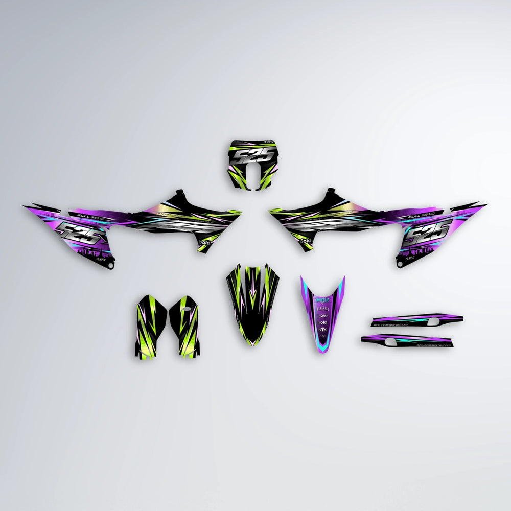 ADVANCE Stark Varg SM graphics kit parts layout in Purple & Yellow