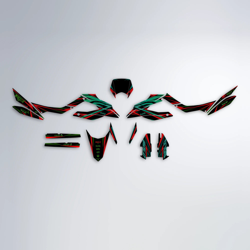 ALIN Aprilia SX 125 graphics kit parts layout in Cyan & Green
