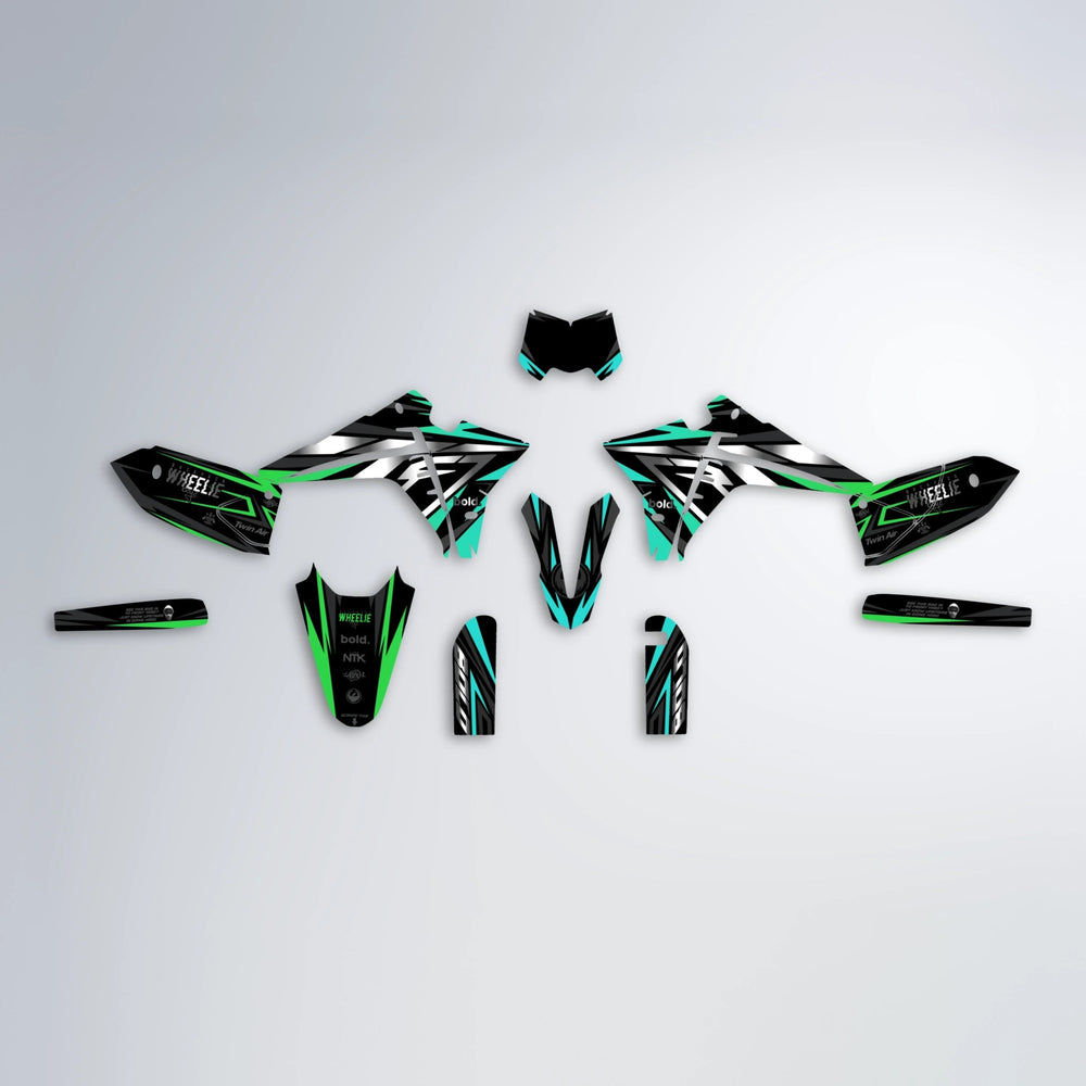 ALIN Fantic graphics kit parts layout in Cyan & Green