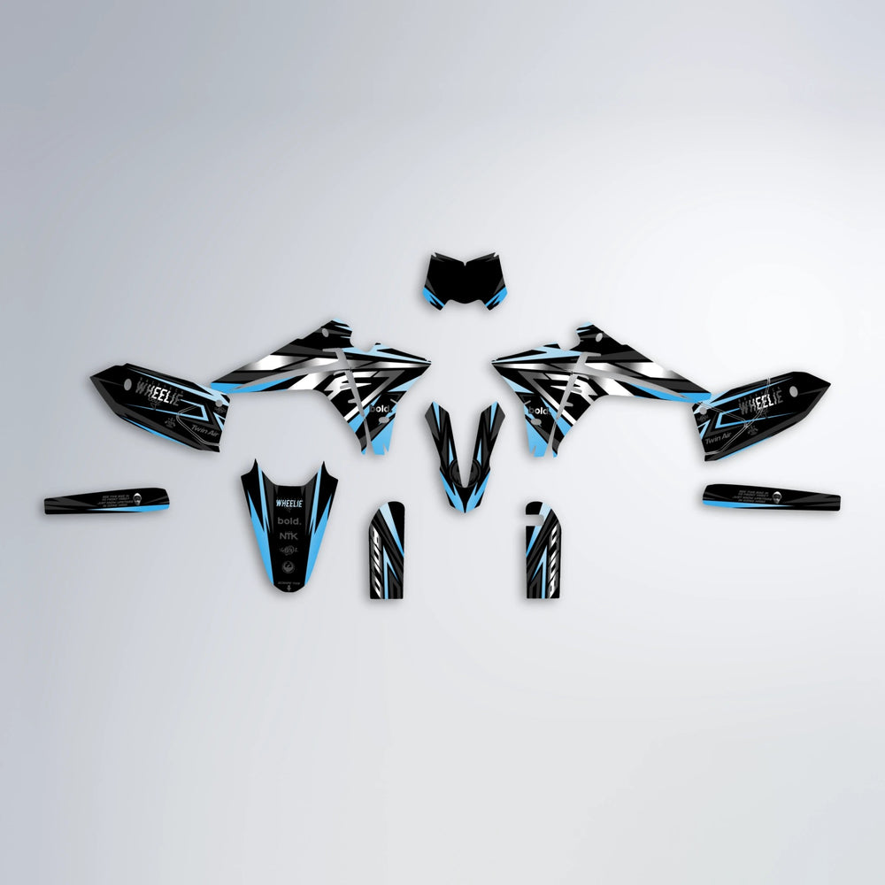 ALIN Fantic graphics kit parts layout in Light Blue & White