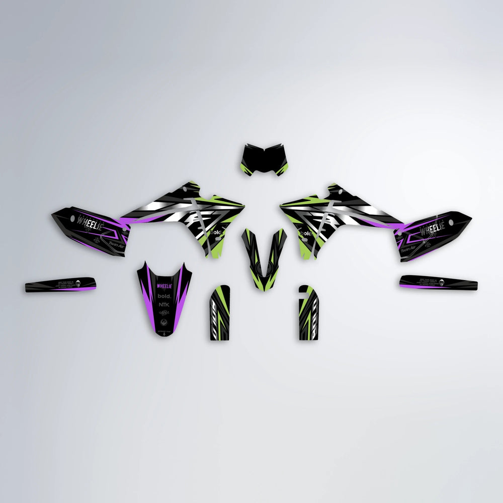 ALIN Fantic graphics kit parts layout in Purple & Yellow