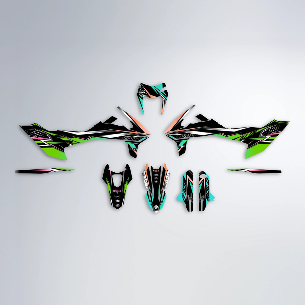 ALIN V2 KTM SMC 690 graphics kit parts layout in Cyan & Green