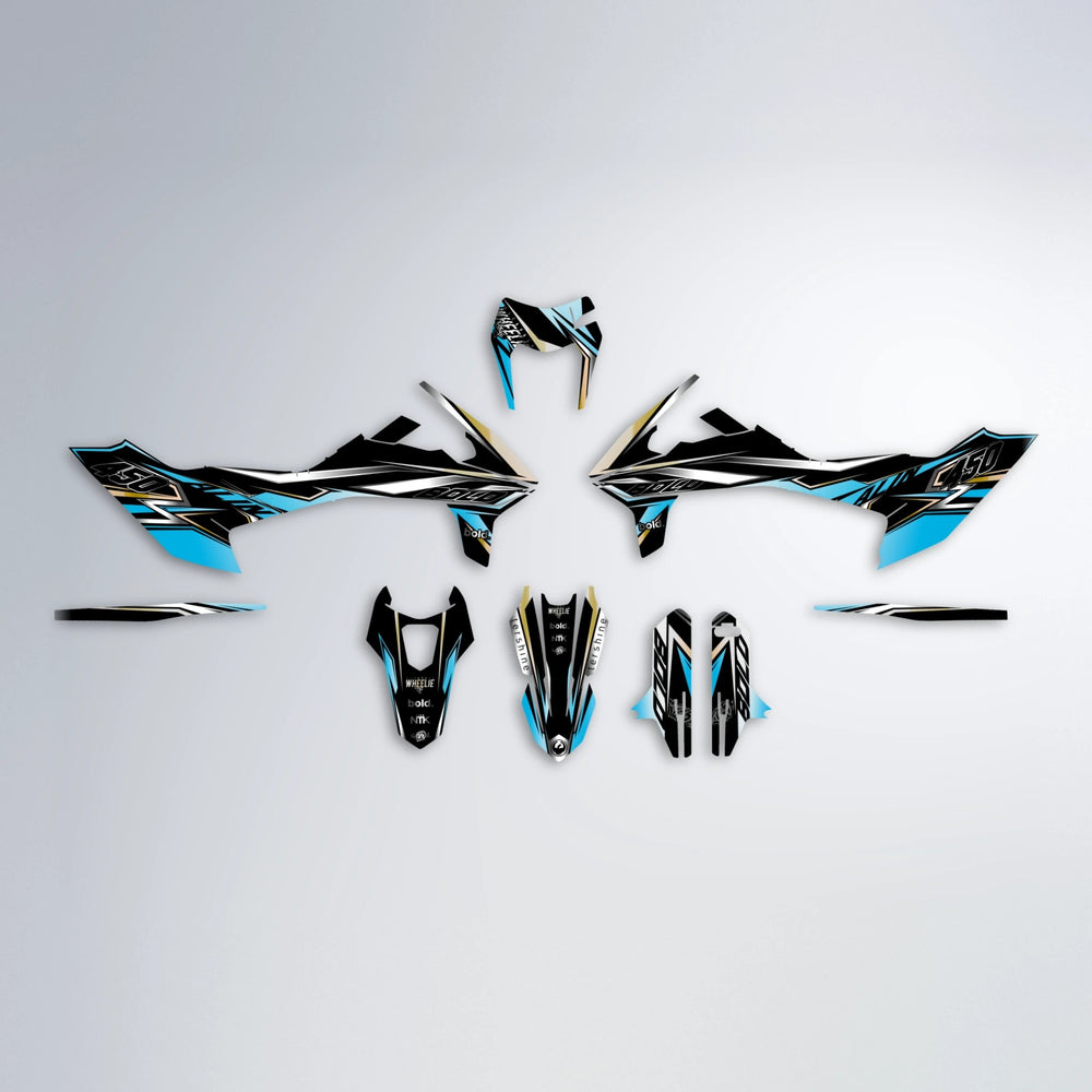 ALIN V2 KTM SMC 690 graphics kit parts layout in Light Blue & White