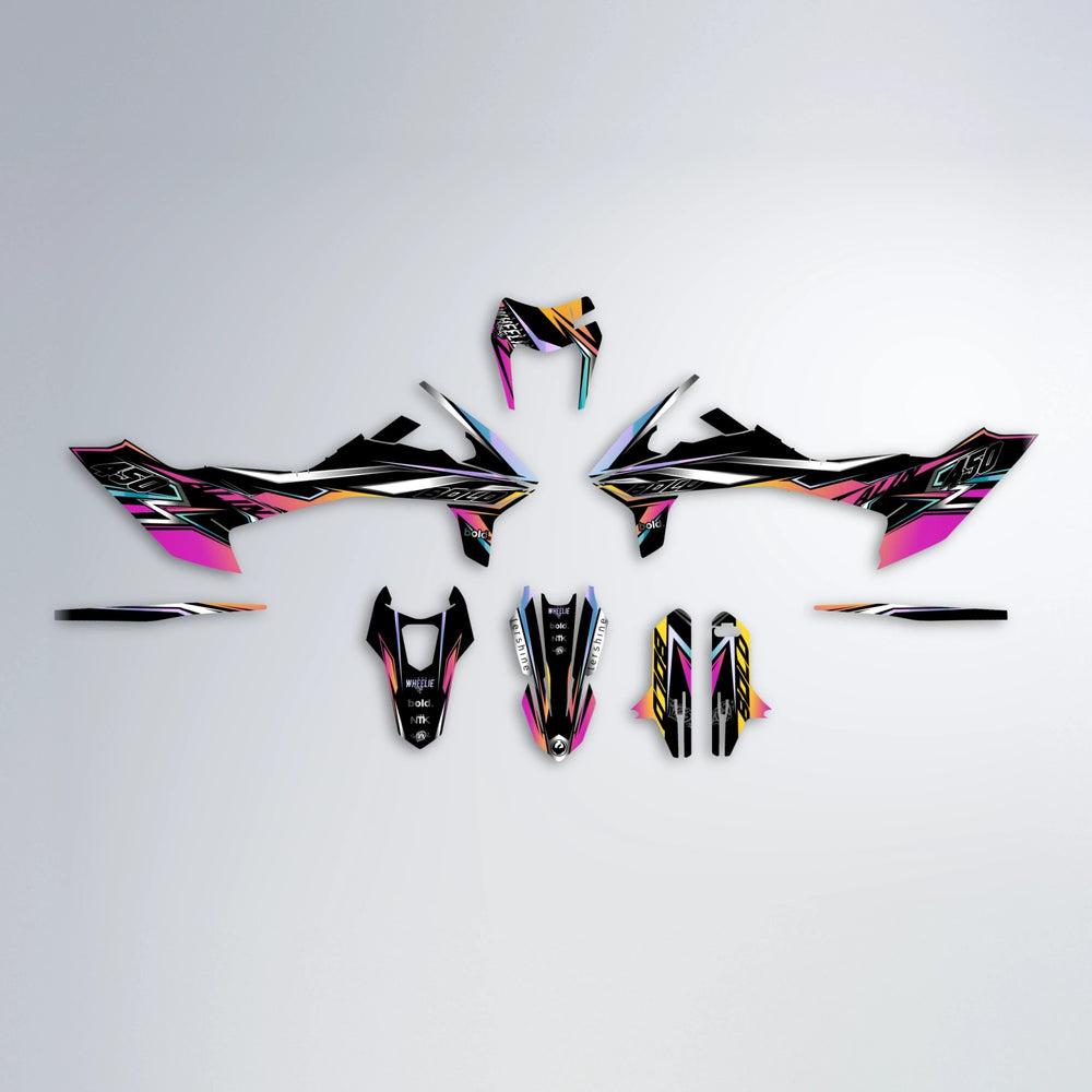 ALIN V2 KTM SMC 690 graphics kit parts layout in Pink & Yellow