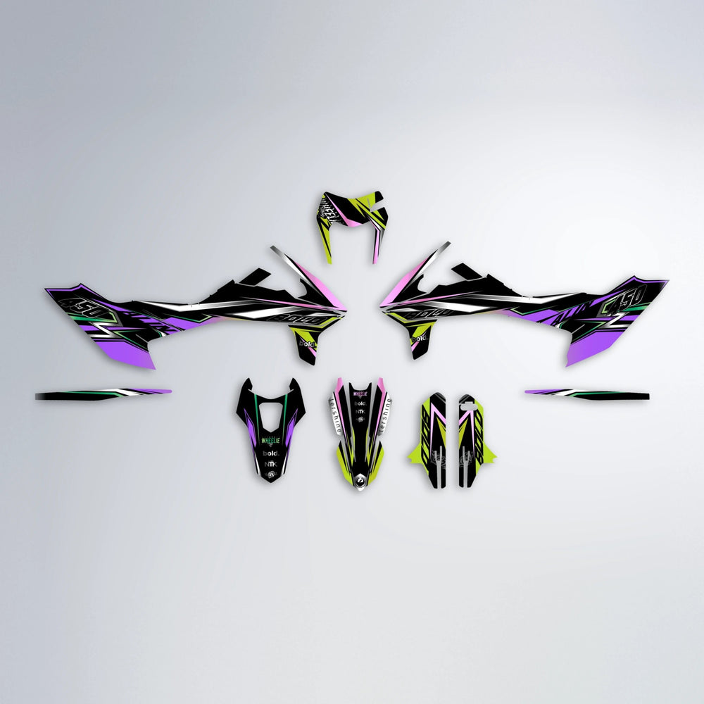 ALIN V2 KTM SMC 690 graphics kit parts layout in Purple & Yellow