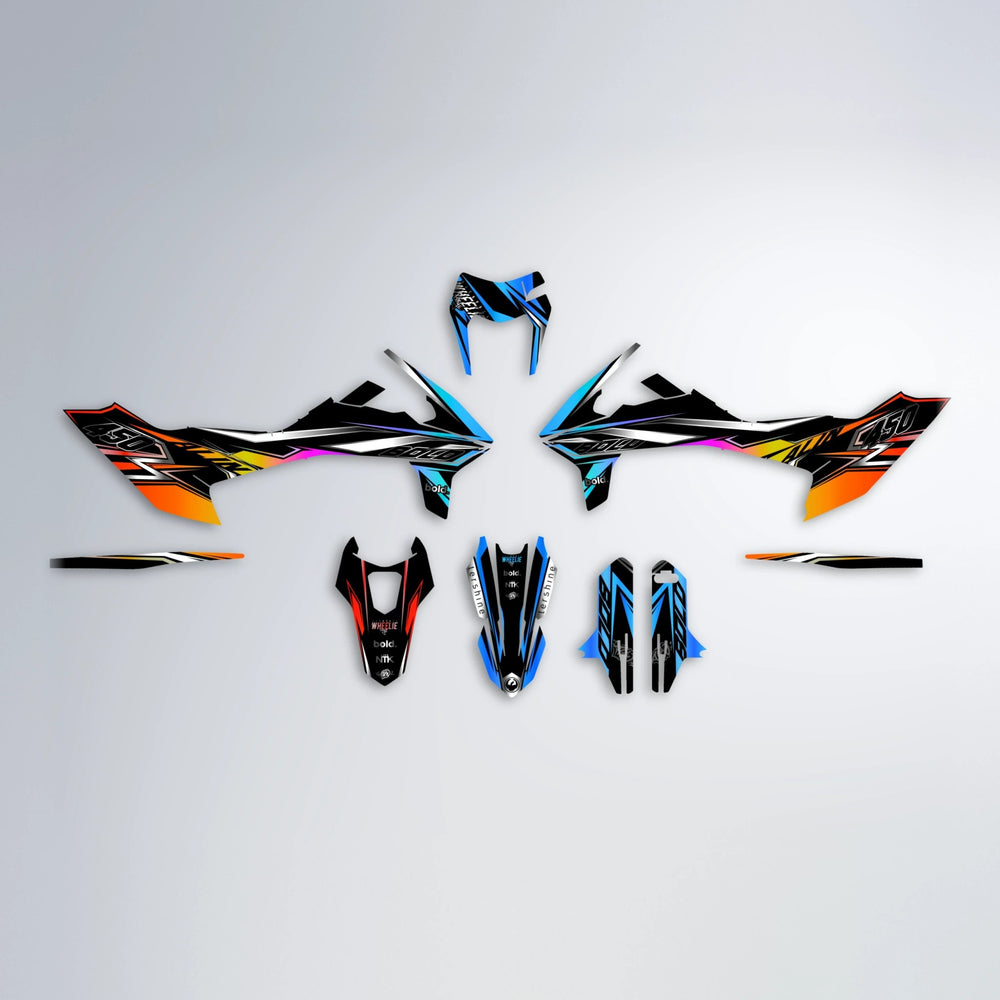 ALIN V2 KTM SMC 690 graphics kit parts layout in Sunset Fade