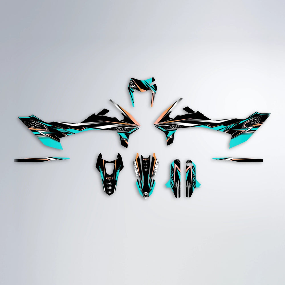 ALIN V2 KTM SMC 690 graphics kit parts layout in Teal